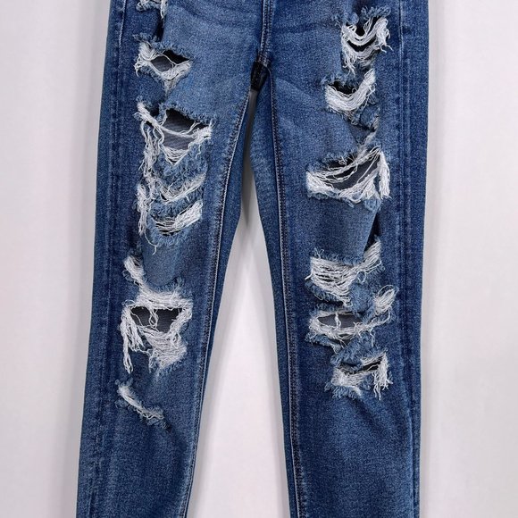 AE American Eagle Mom Jean Distressed Destroyed Mid Rise Stretch Denim Size 0 - Picture 4 of 13
